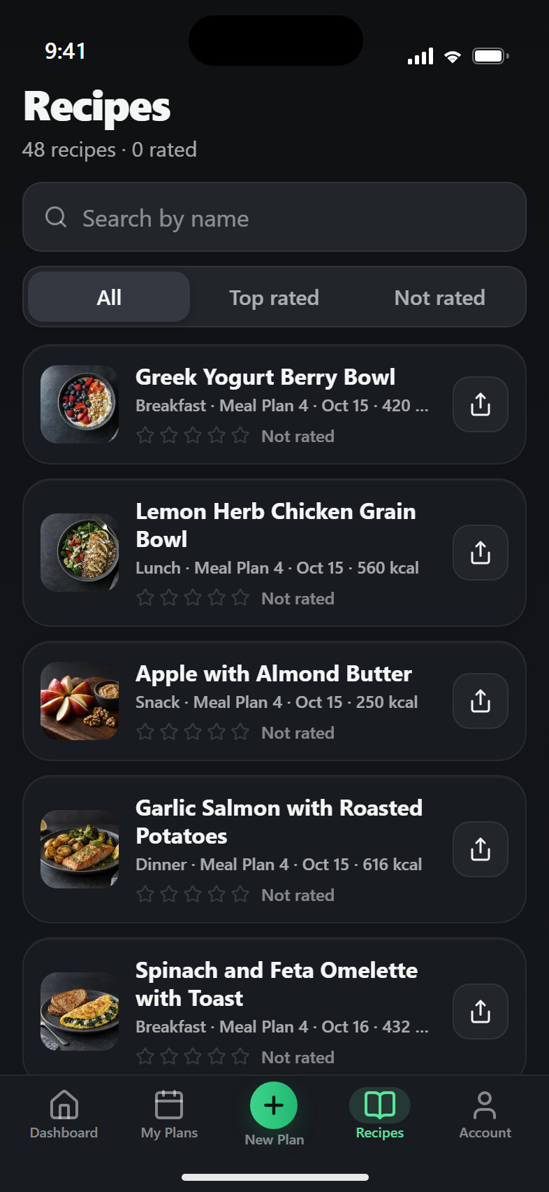Recipes screen: a searchable list of every recipe with star ratings and share buttons